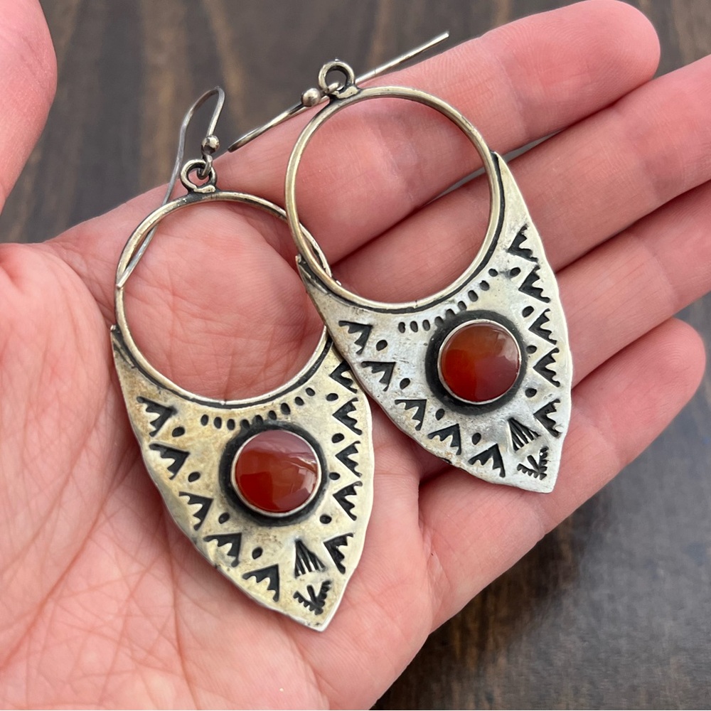 Sterling Silver 925 Handmade Carnelian Gemstone Earrings - Boho Ethnic Triangle